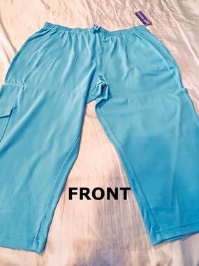 CAPRIS, TURQUOISE, SIZE 2X, FRONT POCKETS, LEG POCKET, ELASTIC WAIST & DRAWSTRIN
